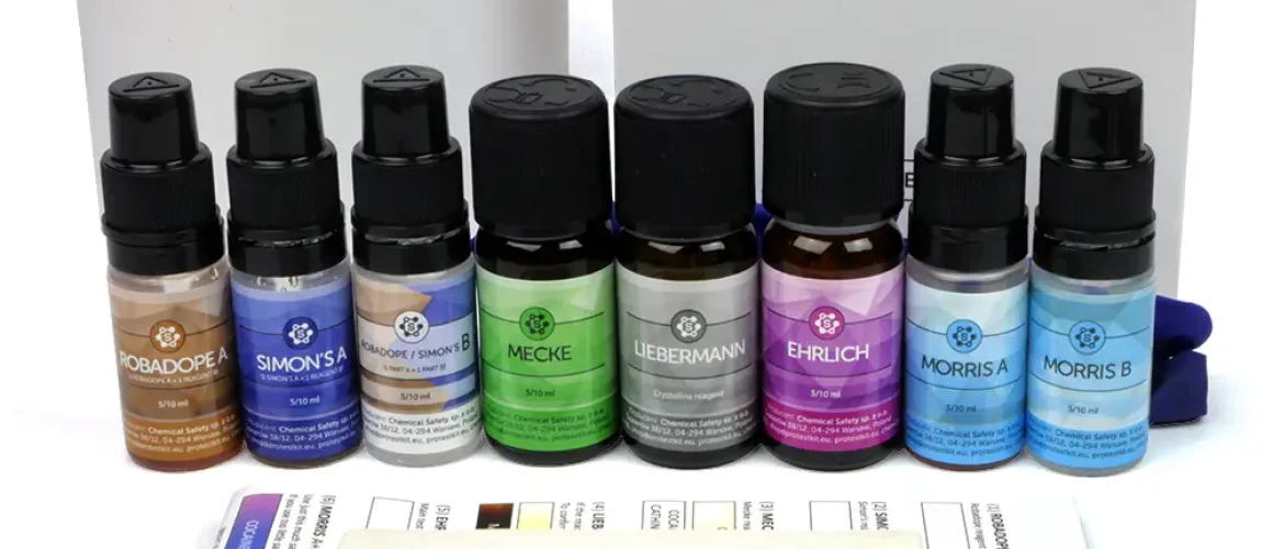 Kit de test pour cocaïne avec les réactifs Morris, Ehrlich, Liebermann, Mecke, Simon's, Robadope