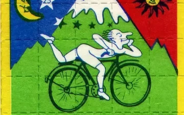 Buvard de LSD illustrant la balade à vélo d'Albert Hofmann en 1943