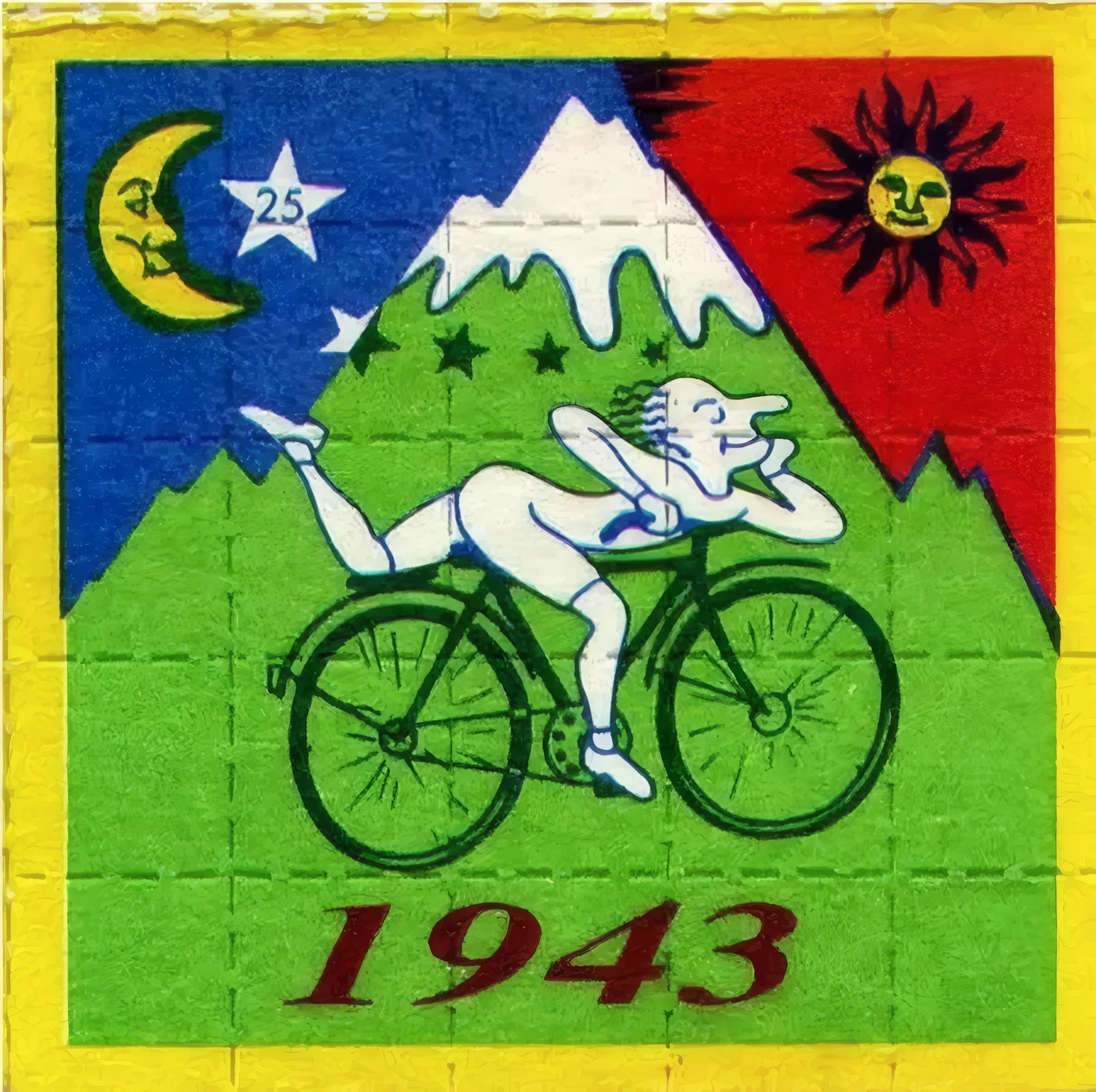 Buvard de LSD illustrant la balade à vélo d'Albert Hofmann en 1943