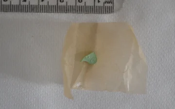 Petit fragment de pilule verte sur papier, à côté d'une règle